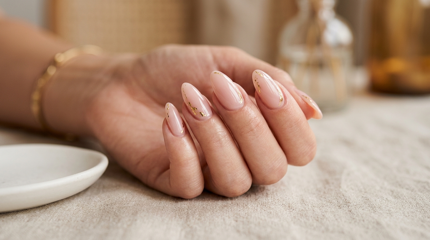 Minimalist almond gel nails with gold foil details by Brixhis Nails